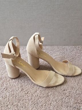 Lulu's Suede Block Heel Ankle Strap Sandals in Beige